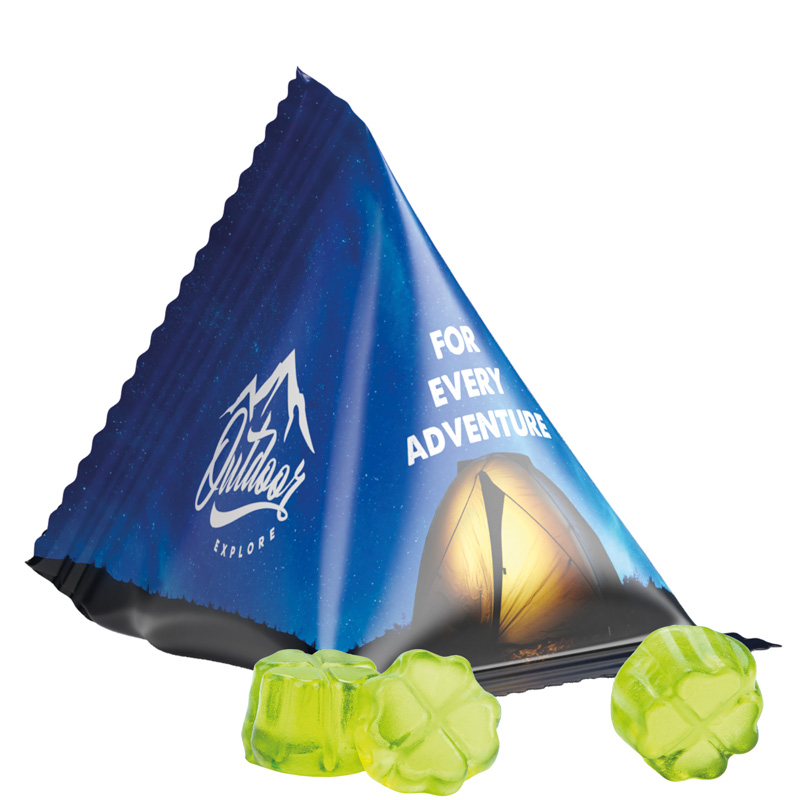 Fruchtgummi Tetraeder, Folie weiß, Trolli Fruchtgummi Kleeblatt