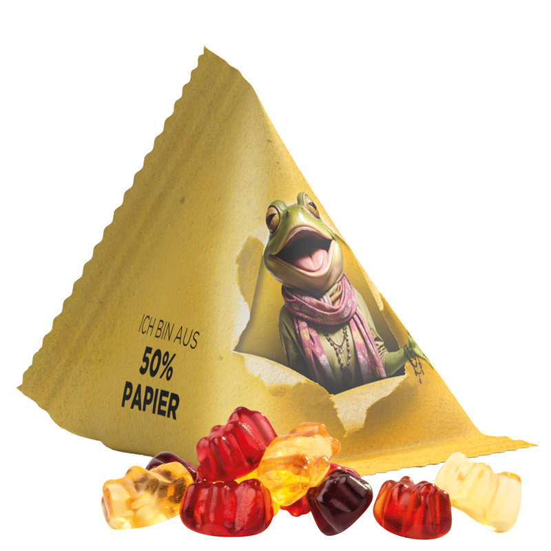 Fruchtgummi Tetraeder, Folie mit ca. 50% Papieranteil, weiß, Trolli Fruchtgummibären, 30% Fruchtsaftqualität