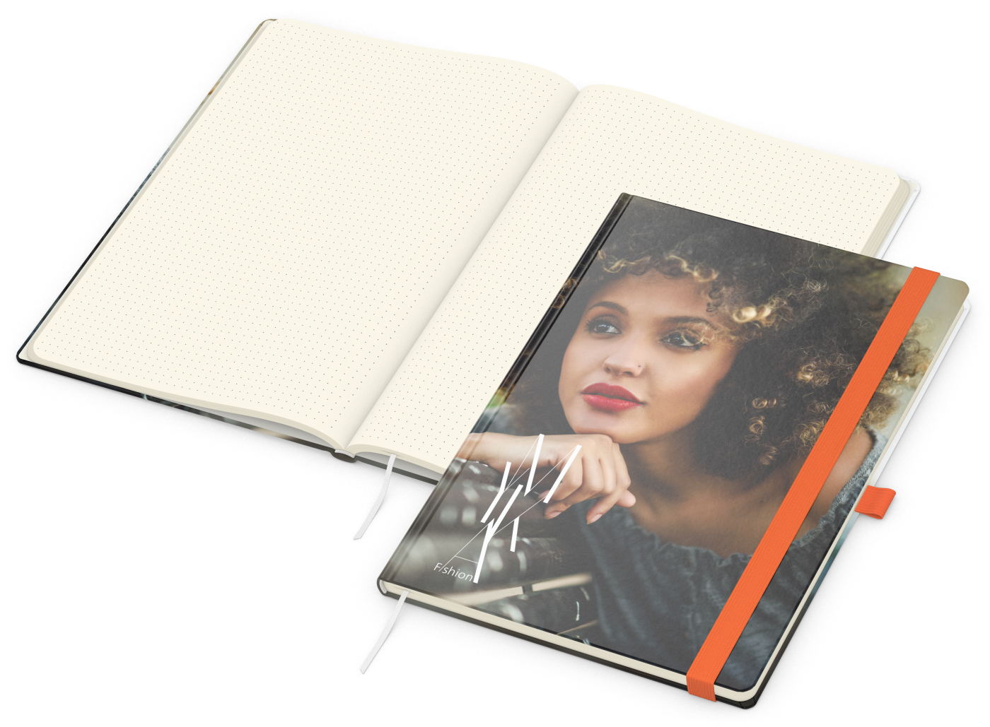 Notizbuch Match-Book, A4, Creme, Punktraster, glänzend, orange