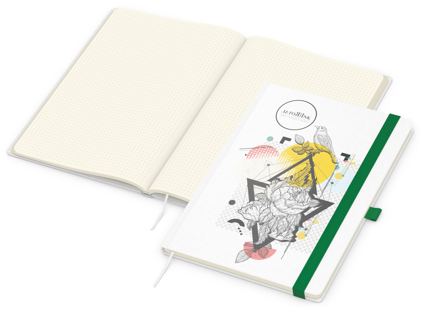 Notizbuch Match-Book, A4, Creme, Punktraster, weiß-individuell, grün