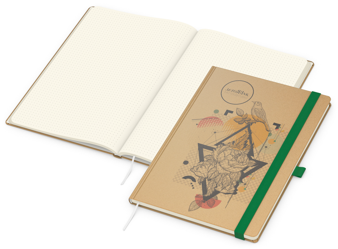 Notizbuch Match-Book, A4, Creme, Punktraster, braun-individuell, grün