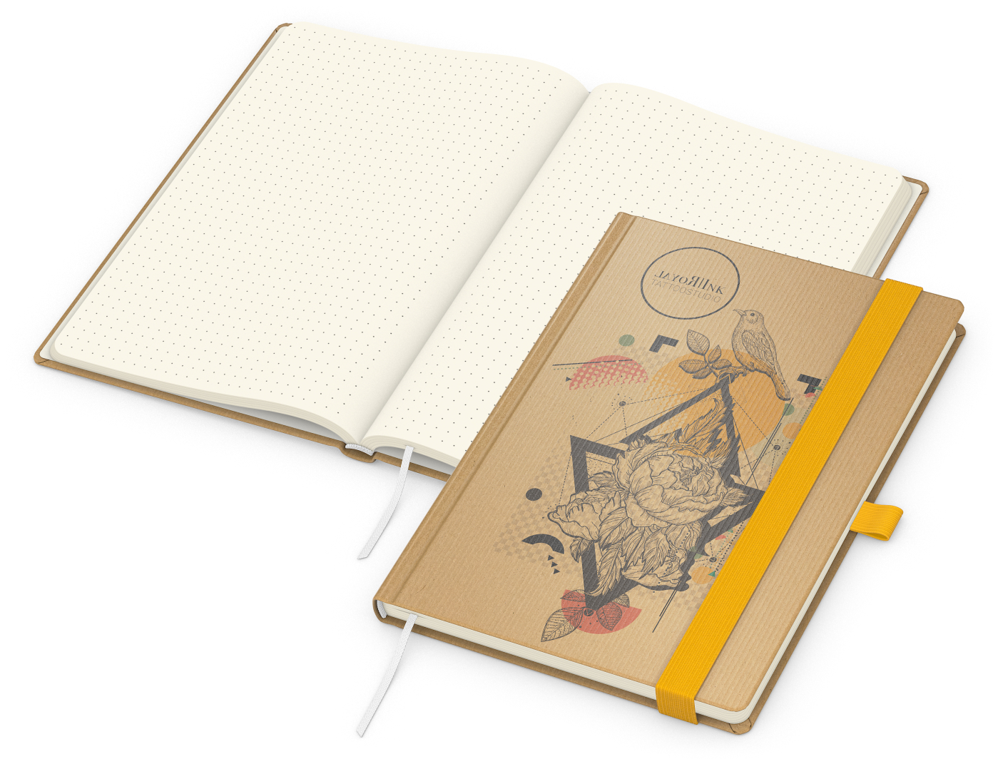Notizbuch Match-Book, A5, Creme, Punktraster, braun-individuell, gelb
