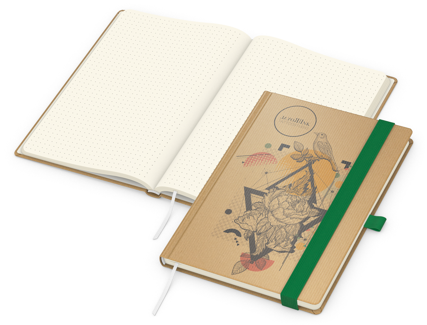 Notizbuch Match-Book, A5, Creme, Punktraster, braun-individuell, grün