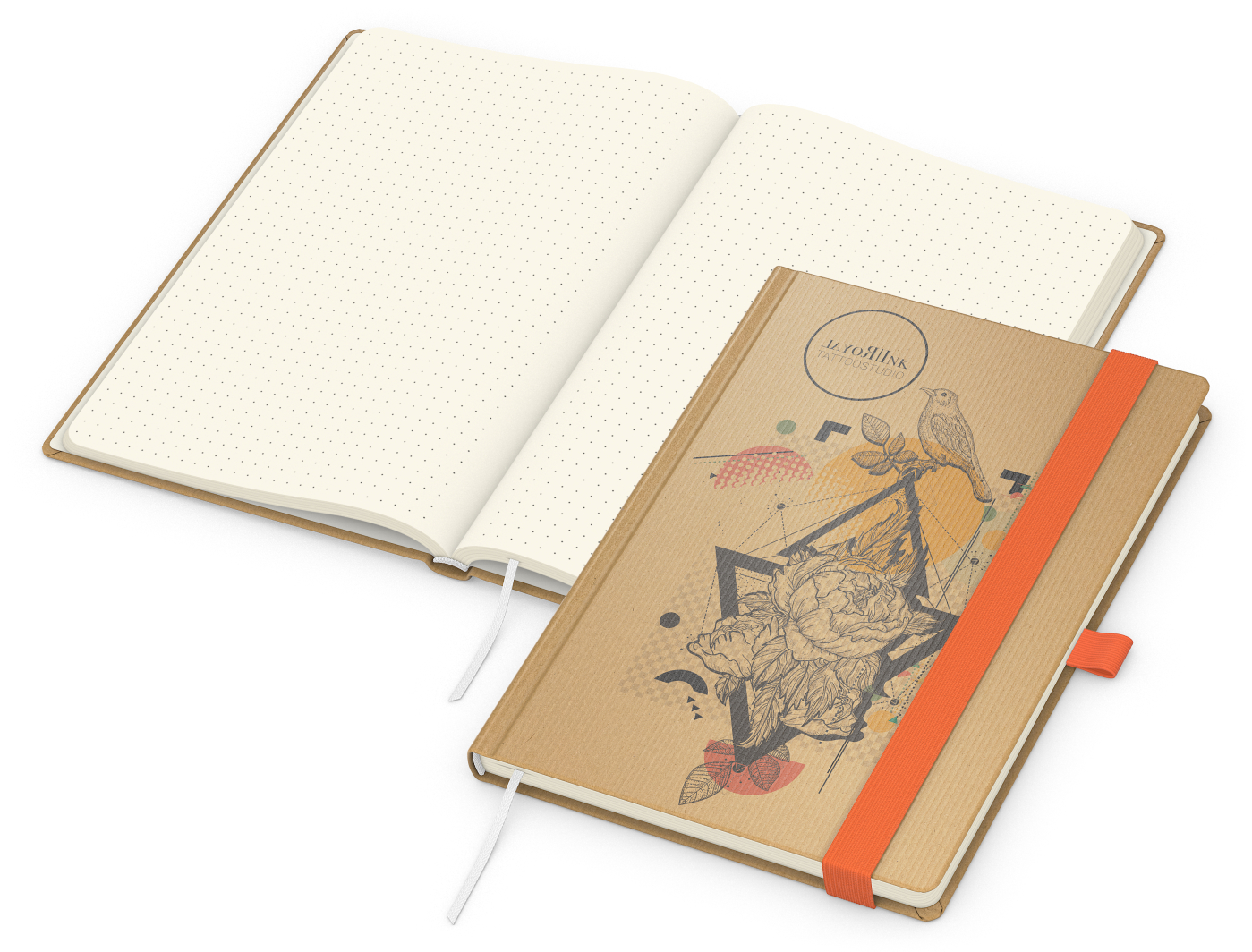 Notizbuch Match-Book, A5, Creme, Punktraster, braun-individuell, orange