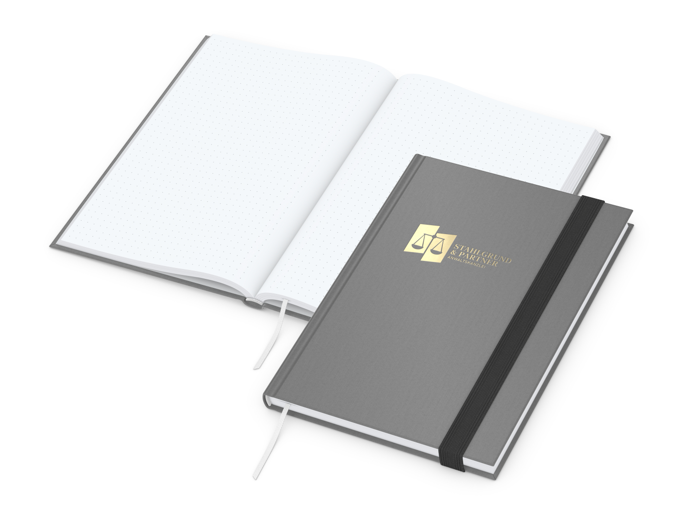 Notizbuch Visco-Book, White, Punktraster, grau, Goldprägung