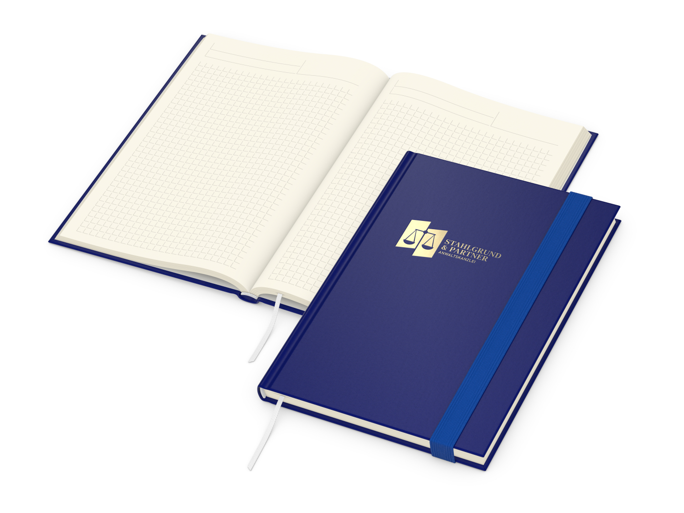 Notizbuch Visco-Book, Creme, Winkelkaro, navyblau, Goldprägung