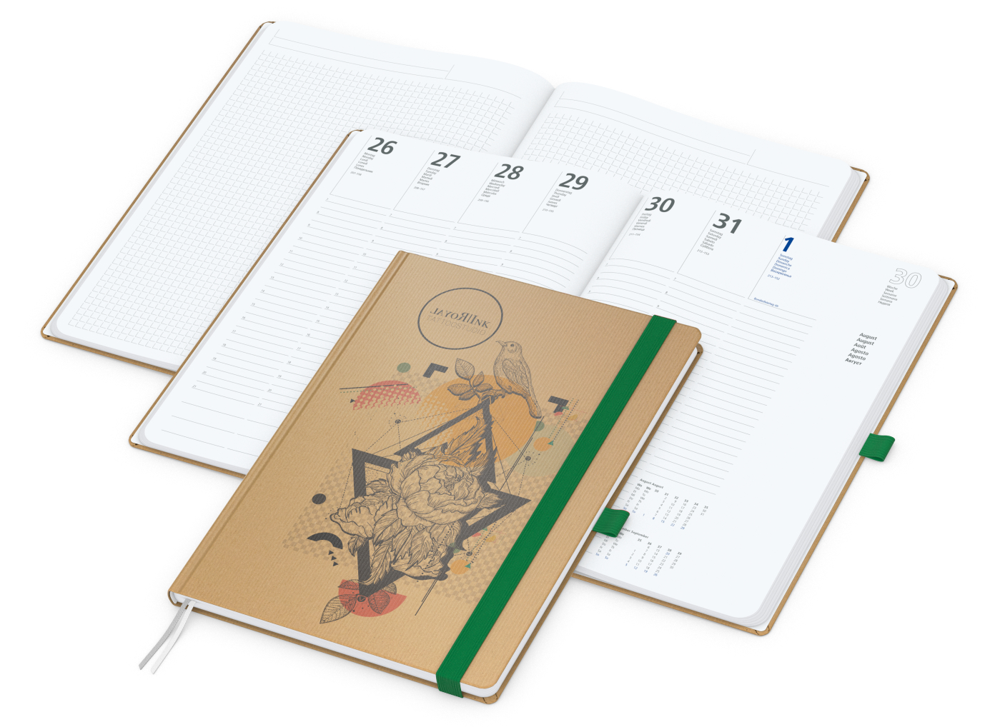 Wochenkalender vorne + Notizen hinten Match-Hybrid, A4, Naturpapier braun, grün