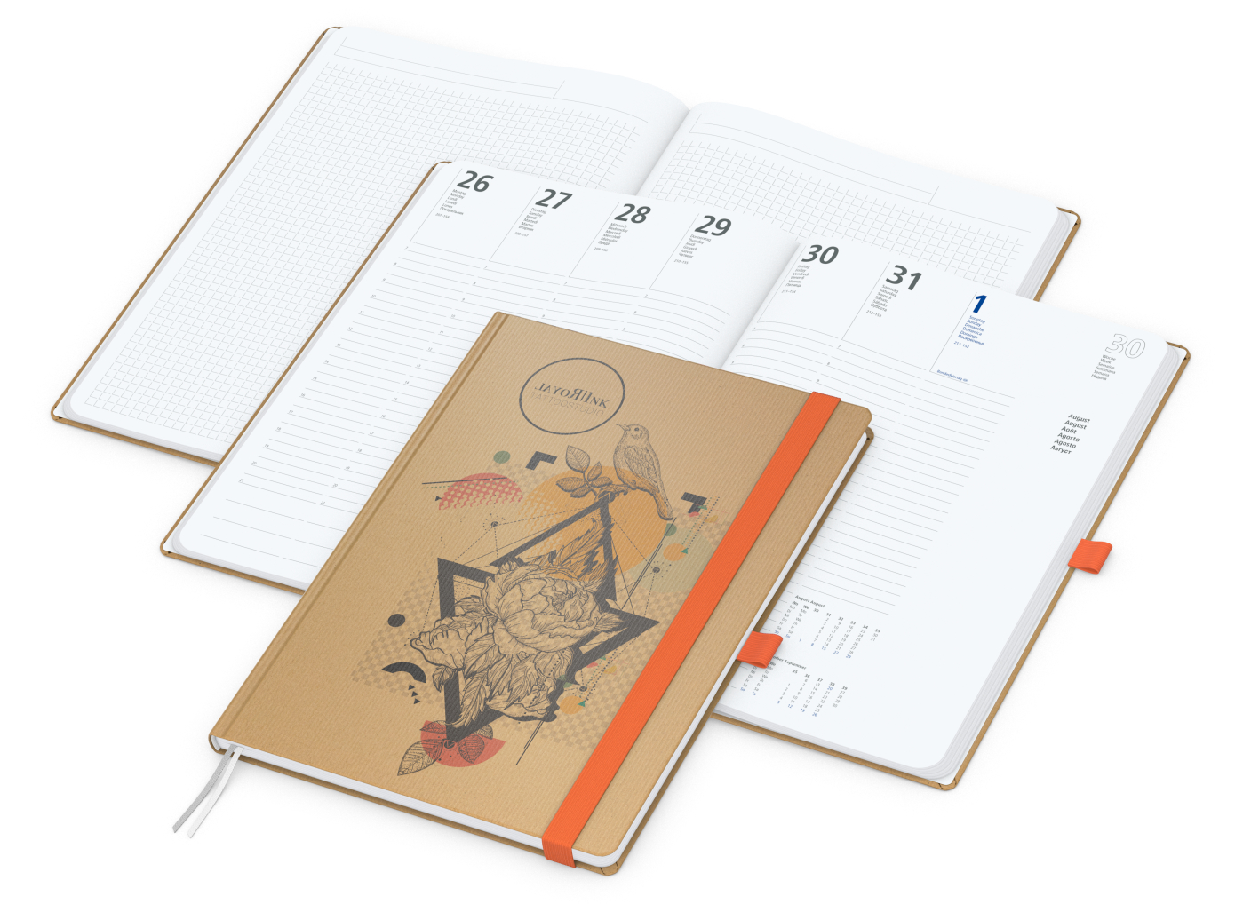 Wochenkalender vorne + Notizen hinten Match-Hybrid, A4, Naturpapier braun, orange