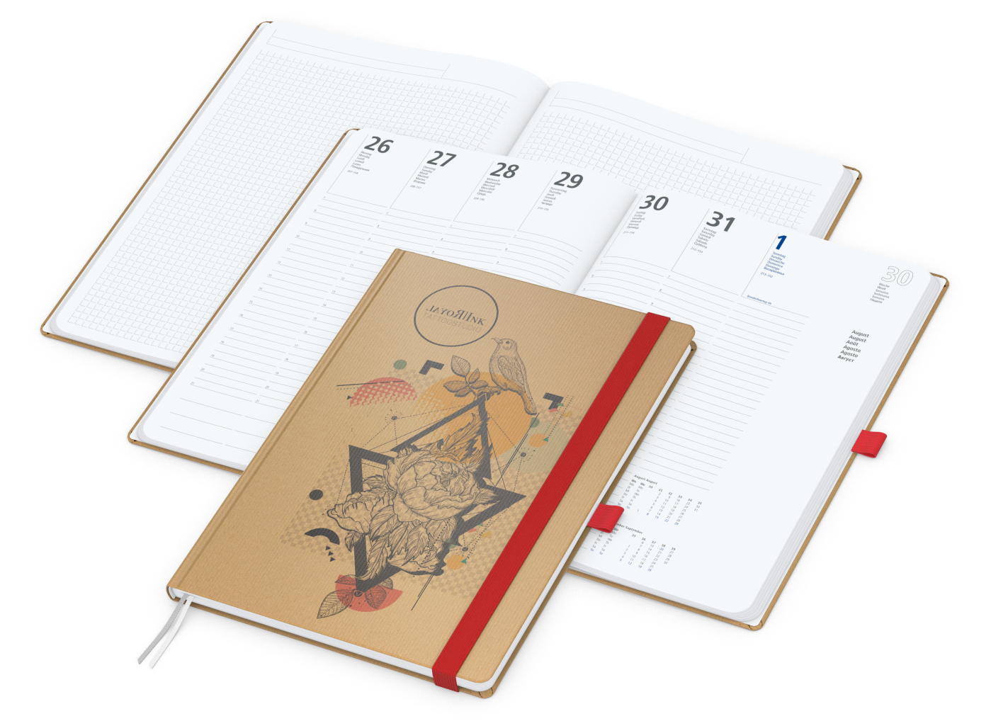 Wochenkalender vorne + Notizen hinten Match-Hybrid, A4, Naturpapier braun, rot