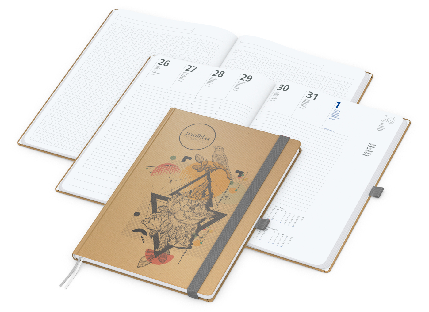 Wochenkalender vorne + Notizen hinten Match-Hybrid, A4, Naturpapier braun, silbergrau