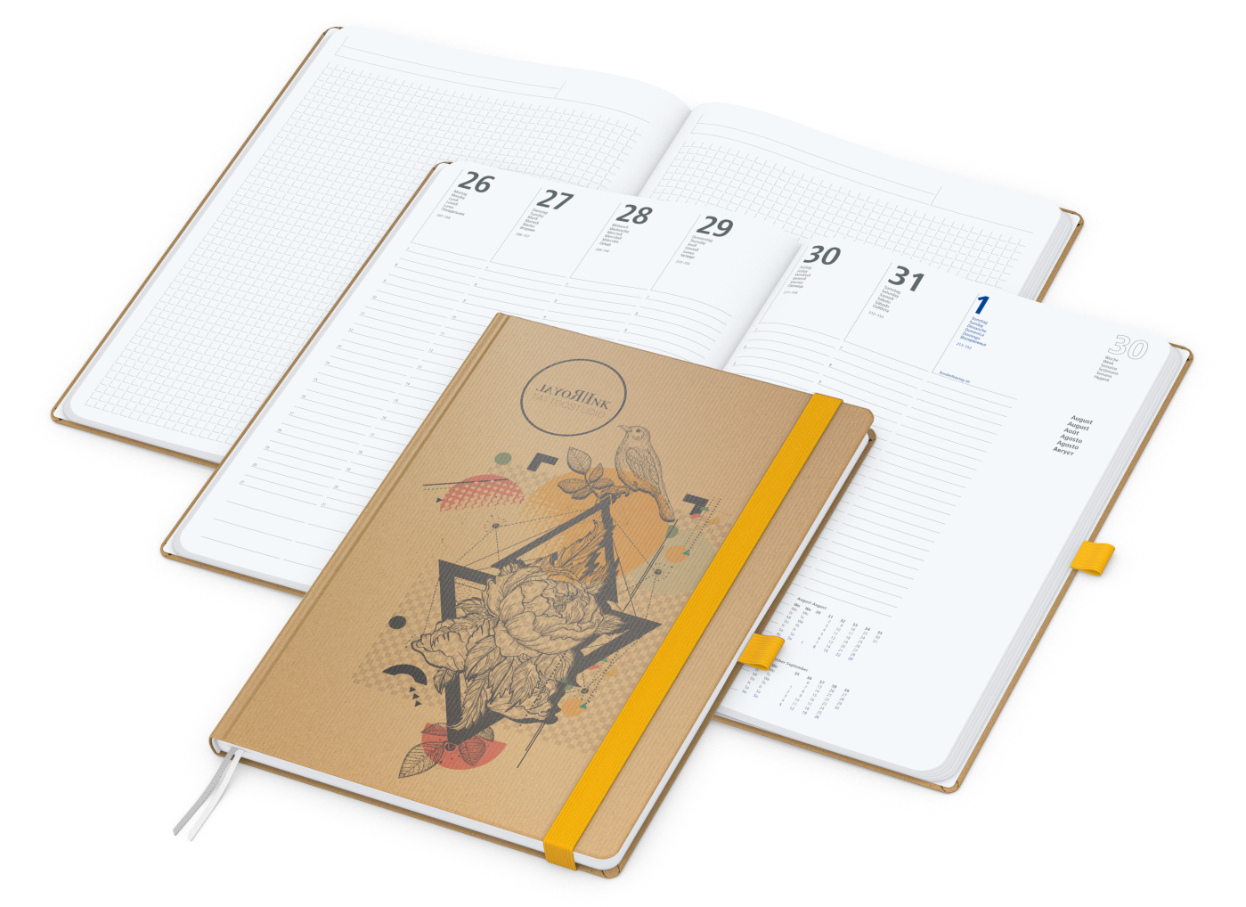 Wochenkalender vorne + Notizen hinten Match-Hybrid, A4, Naturpapier braun, gelb