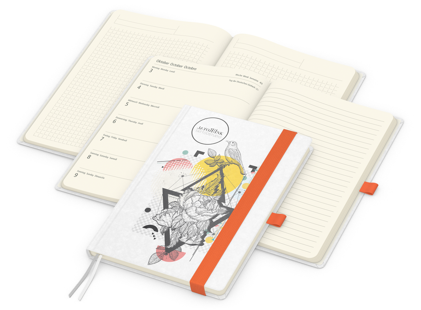 Wochenkalender links + Notizen rechts Match-Hybrid, Naturpapier weiß, orange