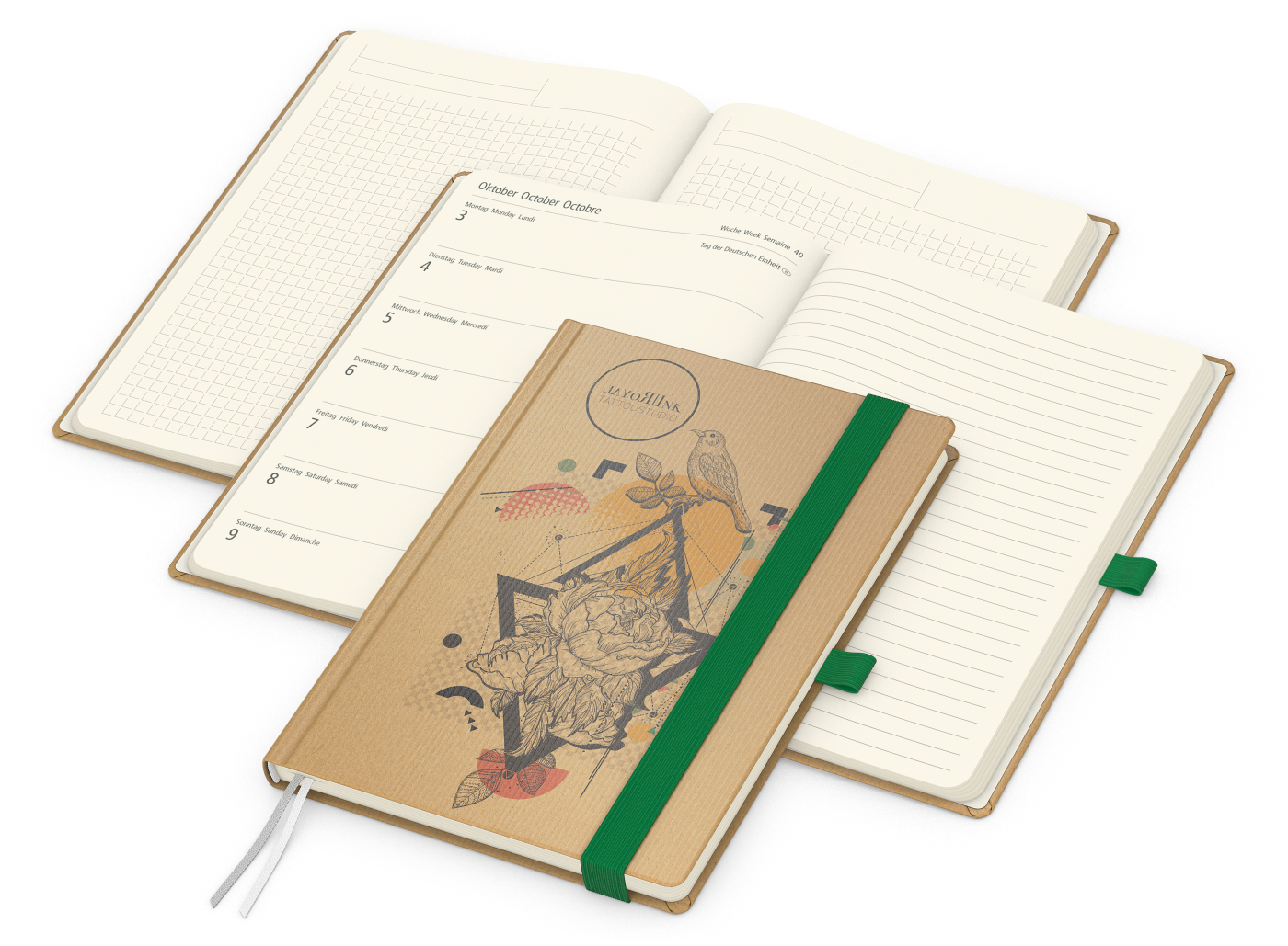 Wochenkalender links + Notizen rechts Match-Hybrid, Naturpapier braun, grün
