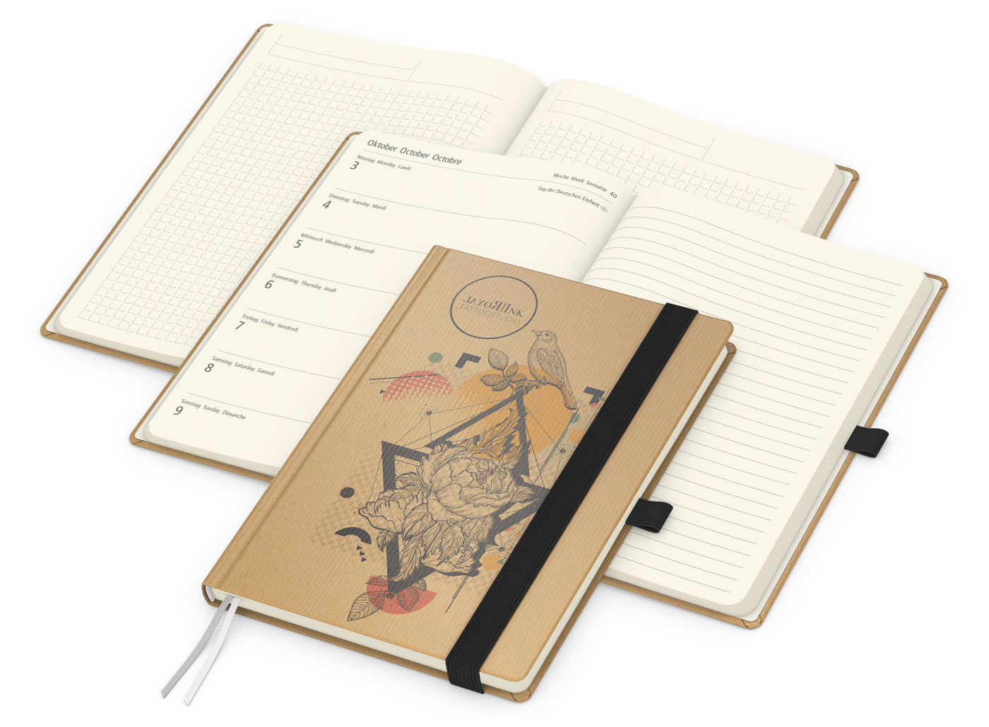 Wochenkalender links + Notizen rechts Match-Hybrid, Naturpapier braun, schwarz