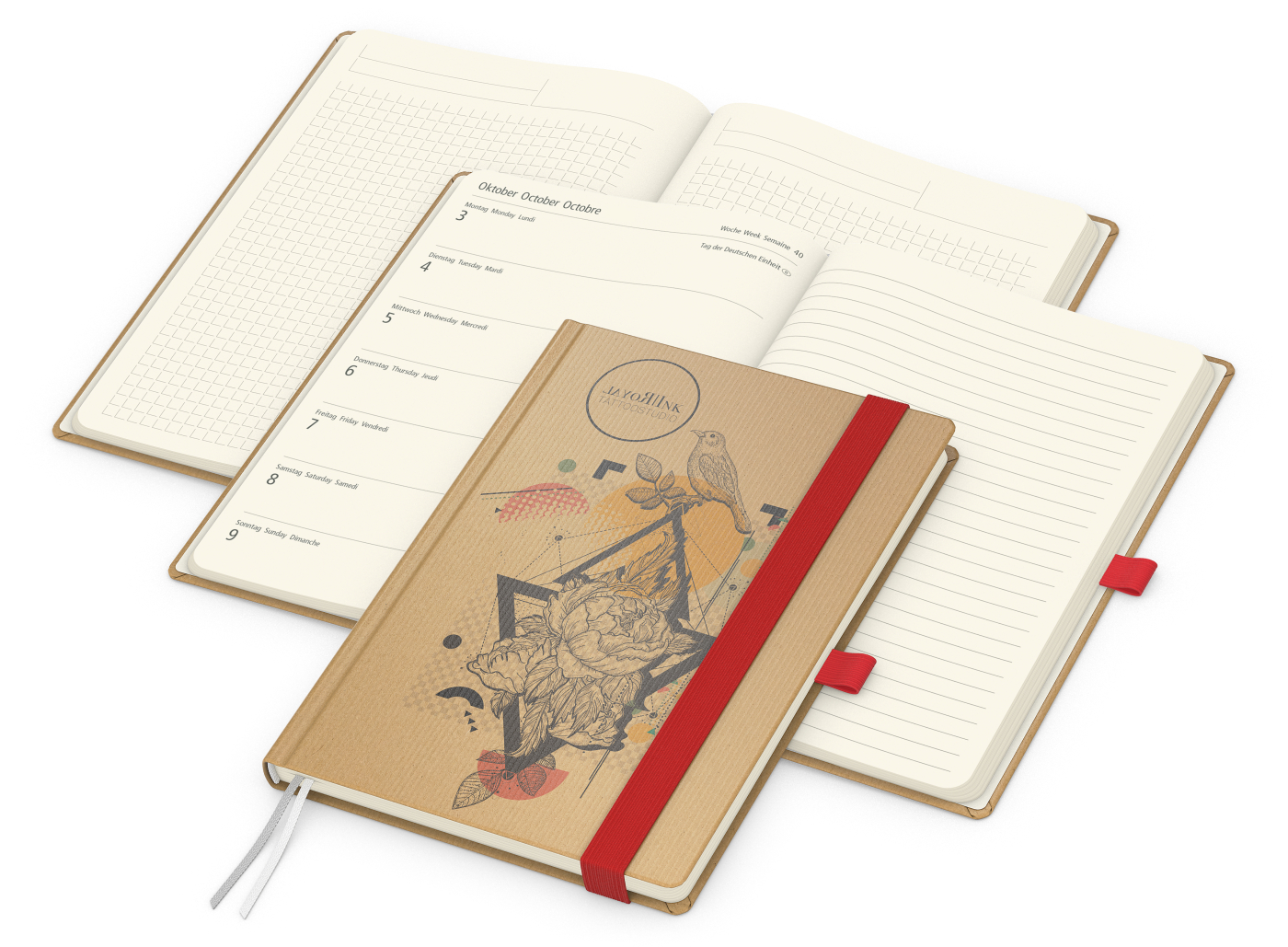 Wochenkalender links + Notizen rechts Match-Hybrid, Naturpapier braun, rot