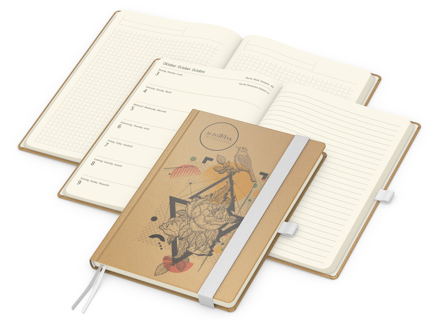 Wochenkalender links + Notizen rechts Match-Hybrid, Naturpapier braun, weiß