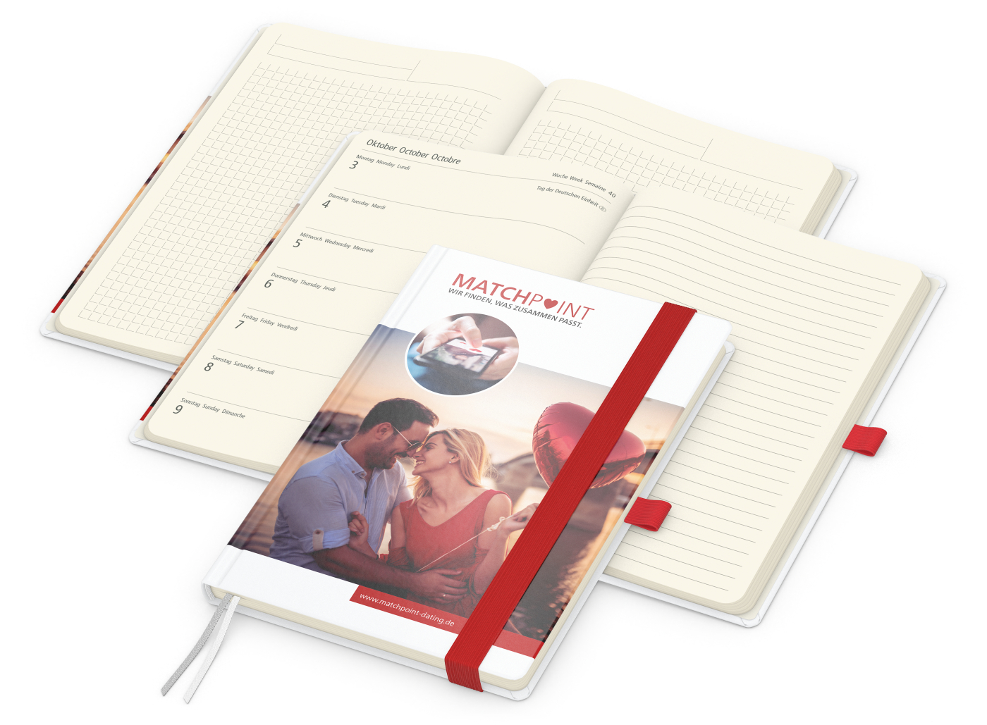 Wochenkalender links + Notizen rechts Match-Hybrid, Papier glänzend, rot