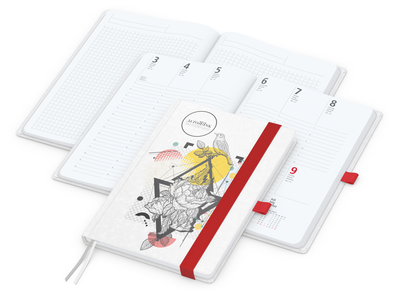 Wochenkalender vorne + Notizen hinten Match-Hybrid, A5, Naturpapier weiß, rot