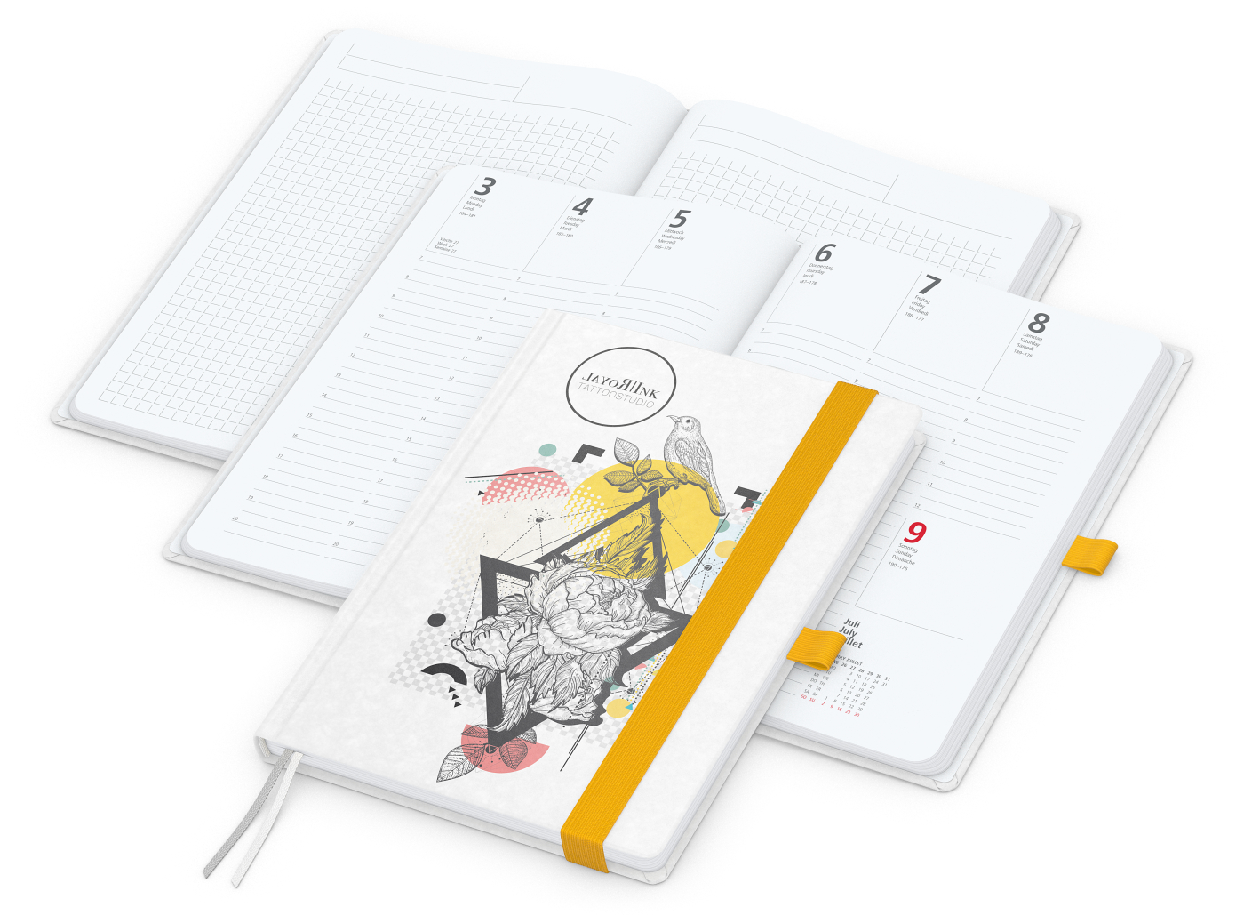 Wochenkalender vorne + Notizen hinten Match-Hybrid, A5, Naturpapier weiß, gelb