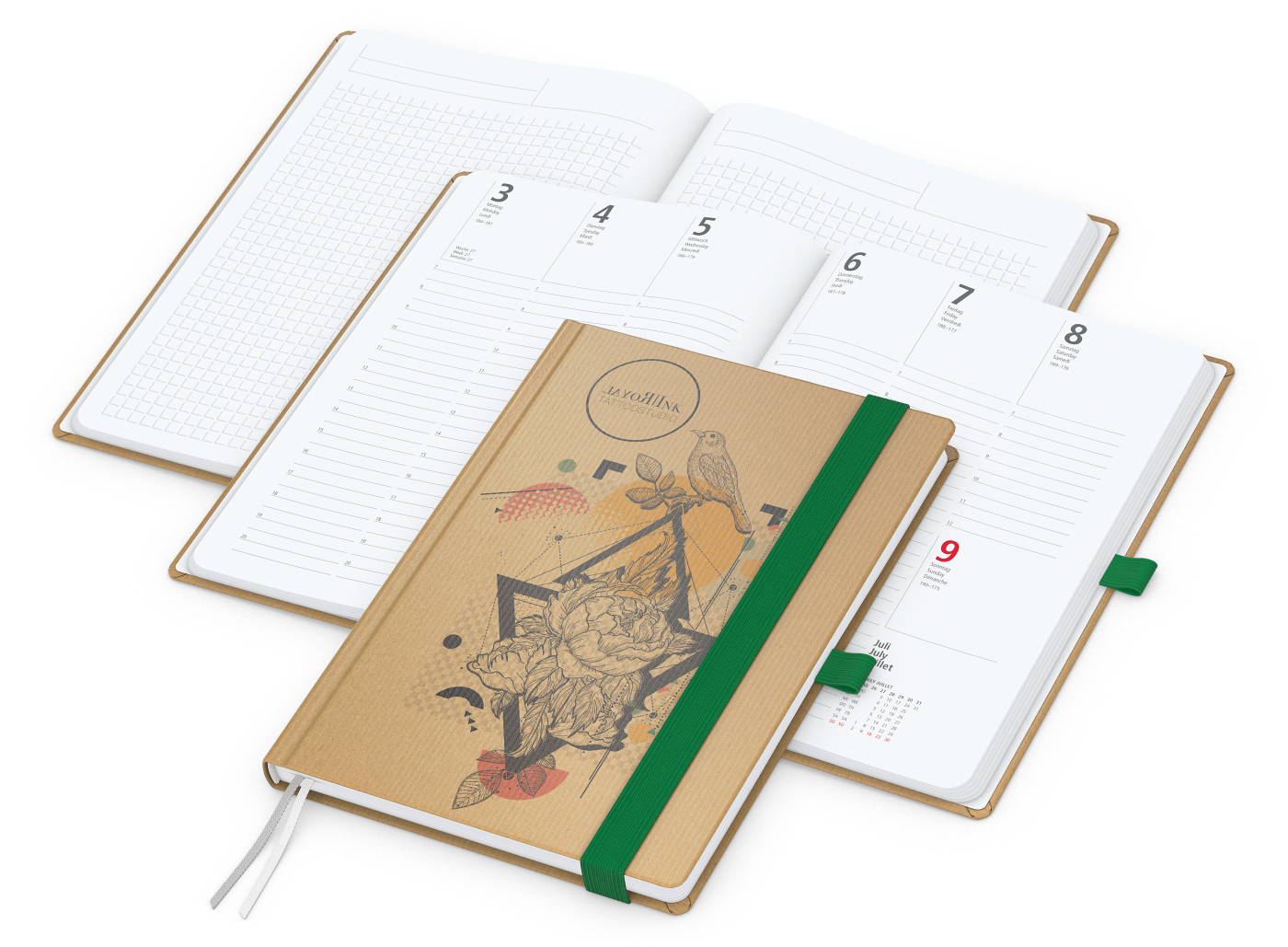 Wochenkalender vorne + Notizen hinten Match-Hybrid, A5, Naturpapier braun, grün