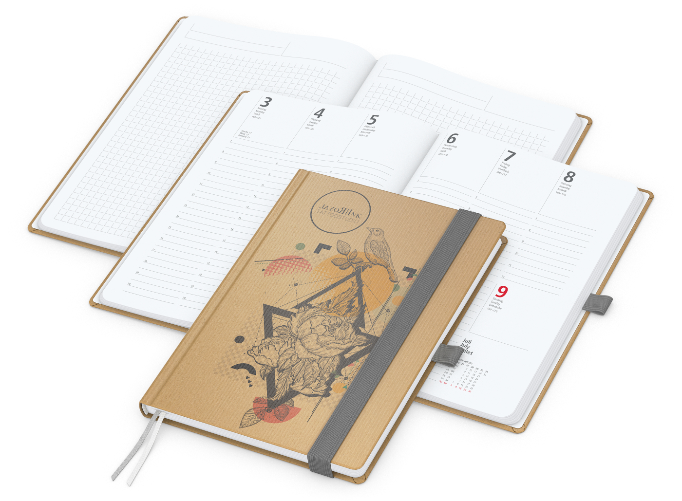 Wochenkalender vorne + Notizen hinten Match-Hybrid, A5, Naturpapier braun, silbergrau