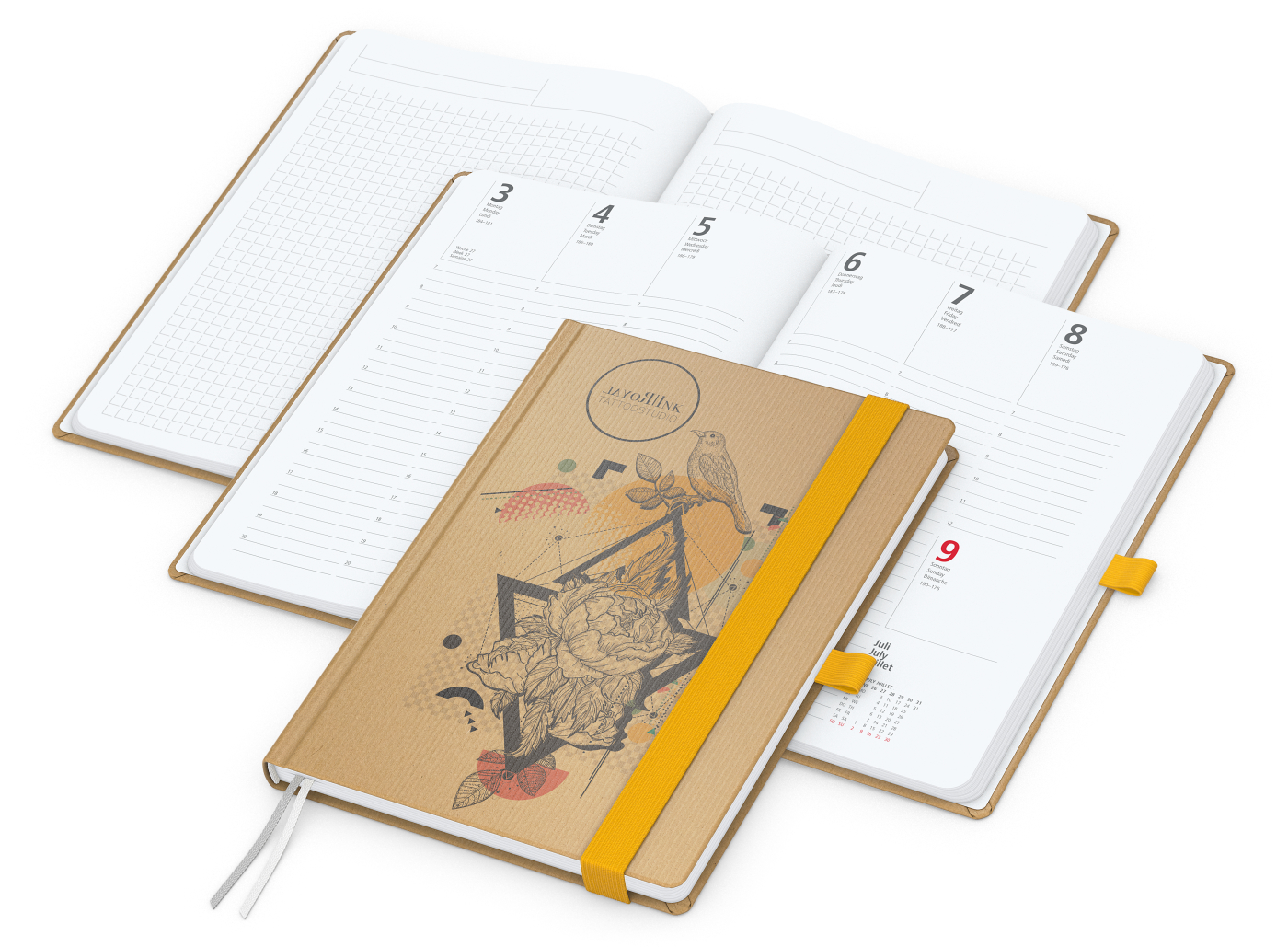 Wochenkalender vorne + Notizen hinten Match-Hybrid, A5, Naturpapier braun, gelb