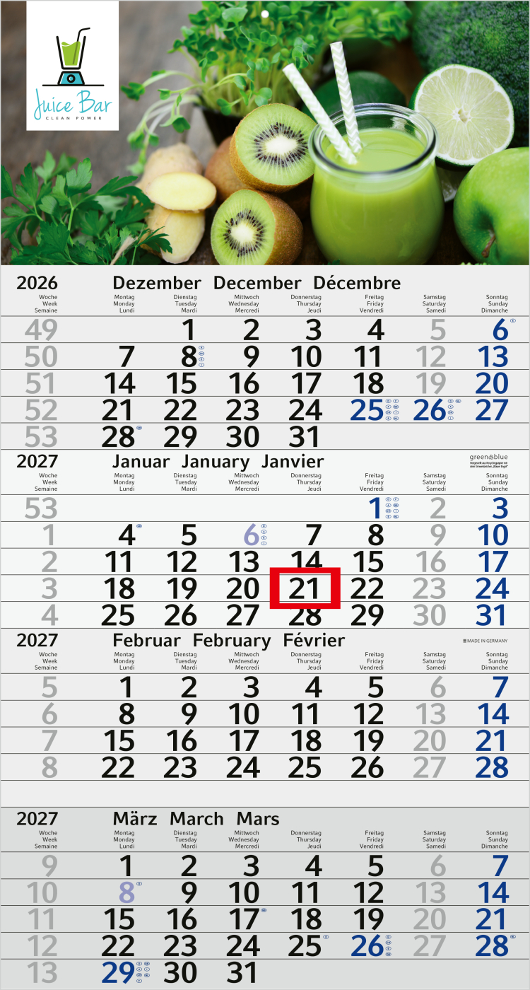 4-Monatskalender Einblatt Budget 4 Recycling-Kalendariumspapier, blau