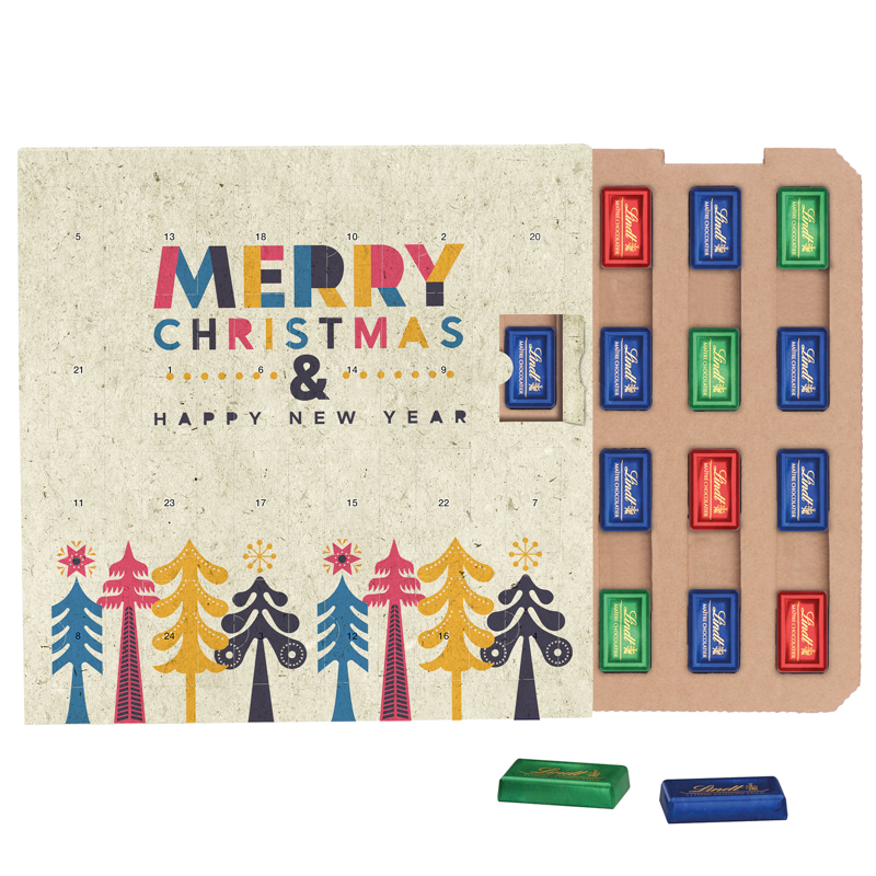 Täfelchen Adventskalender ECO, Graspapier, Papierblister, Lindt Schokotäfelchen