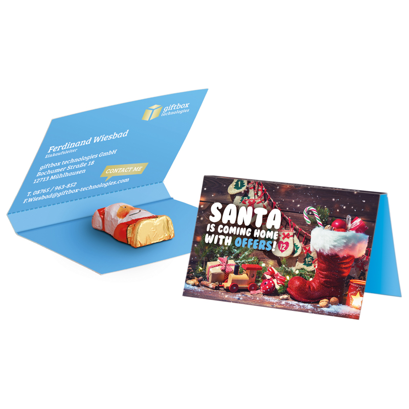 Werbekarte Visitenkartenformat, Mini-Schoko Weihnachtsmann